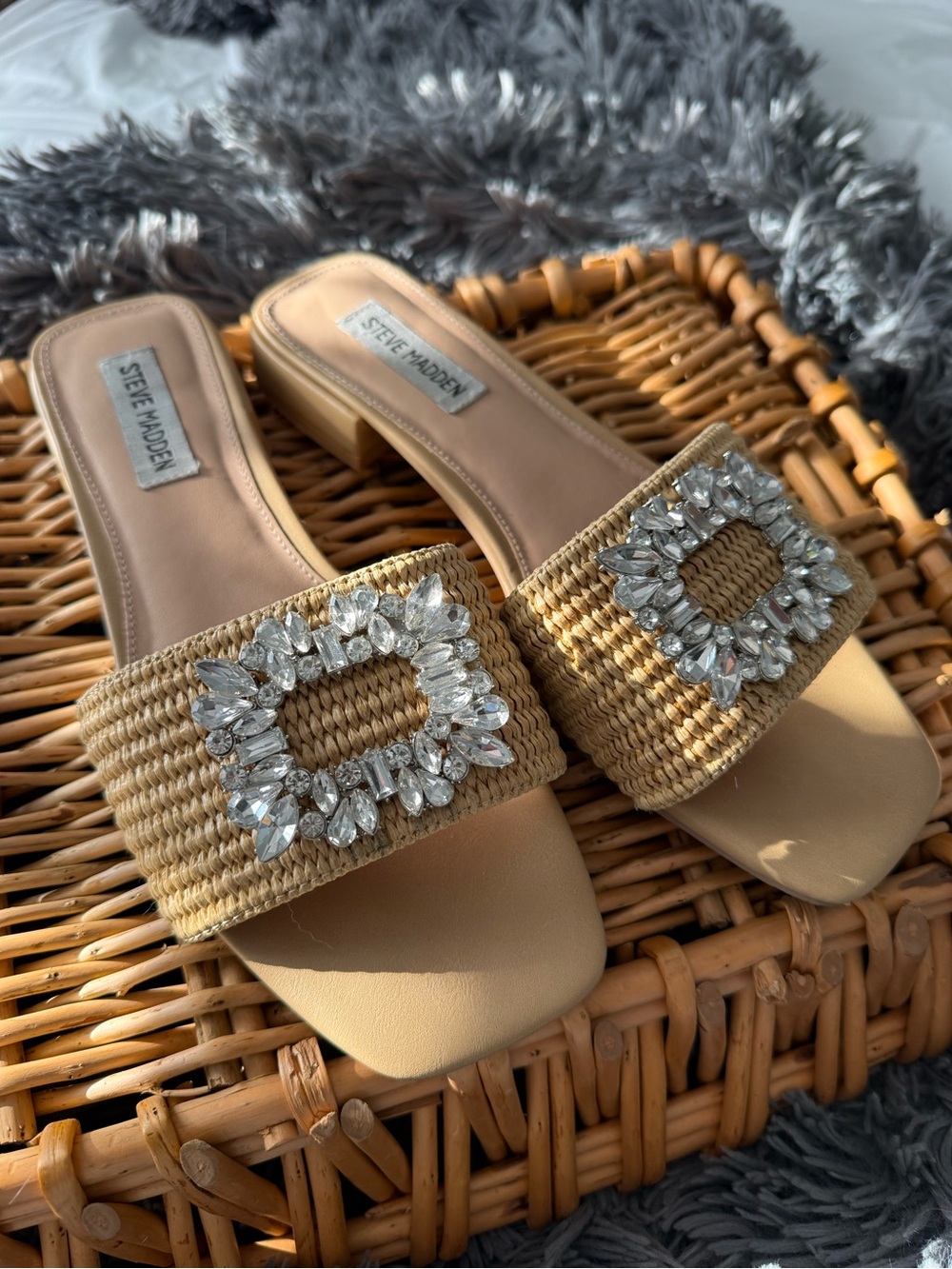 Steve Madden Beige Straw Slide Mules with Crystal Buckles - Picture 2 of 3